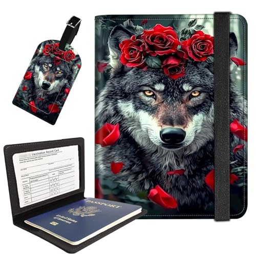AIRWEE Reisepasshülle mit Gepäckanhänger, Reisebrieftasche aus PU-Leder für Damen und Herren, RFID-blockierende Reisepasshülle mit Kartenfächern, Boarding-Passhülle für Reisen, Roter Rosenwolf AIRWEE Reisepasshülle mit Gepäckanhänger, Reisebrieftasche aus PU-Leder für Damen und Herren, RFID-blockierende Reisepasshülle mit Kartenfächern, Boarding-Passhülle für Reisen, Roter Rosenwolf von AIRWEE