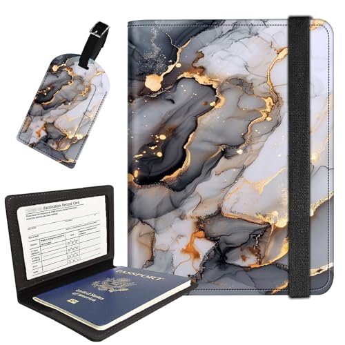 AIRWEE Reisepasshülle mit Gepäckanhänger, Reisebrieftasche aus PU-Leder für Damen und Herren, RFID-blockierende Reisepasshülle mit Kartenfächern, Boarding-Passhülle für Reisen, Schwarz Gold Marmor AIRWEE Reisepasshülle mit Gepäckanhänger, Reisebrieftasche aus PU-Leder für Damen und Herren, RFID-blockierende Reisepasshülle mit Kartenfächern, Boarding-Passhülle für Reisen, Schwarz Gold Marmor von AIRWEE