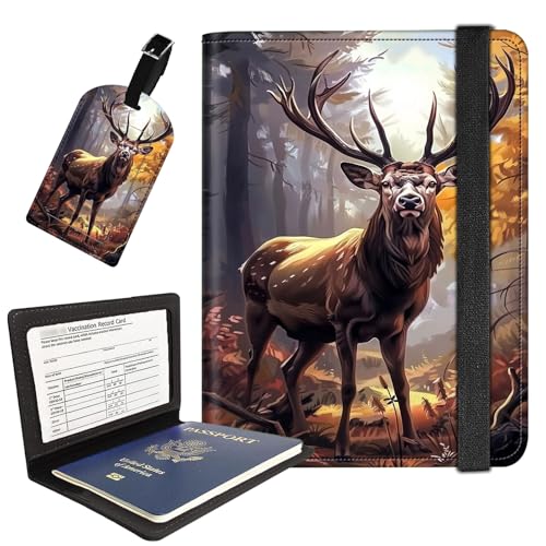 AIRWEE Reisepasshülle mit Gepäckanhänger, Reisebrieftasche aus PU-Leder für Damen und Herren, RFID-blockierende Reisepasshülle mit Kartenfächern, Boarding-Passhülle für Reisen, Wald Hirsch AIRWEE Reisepasshülle mit Gepäckanhänger, Reisebrieftasche aus PU-Leder für Damen und Herren, RFID-blockierende Reisepasshülle mit Kartenfächern, Boarding-Passhülle für Reisen, Wald Hirsch von AIRWEE