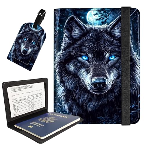 AIRWEE Reisepasshülle mit Gepäckanhänger, Reisebrieftasche aus PU-Leder für Damen und Herren, RFID-blockierende Reisepasshülle mit Kartenfächern, Boarding-Passhülle für Reisen, schwarzer Wolf Mond AIRWEE Reisepasshülle mit Gepäckanhänger, Reisebrieftasche aus PU-Leder für Damen und Herren, RFID-blockierende Reisepasshülle mit Kartenfächern, Boarding-Passhülle für Reisen, schwarzer Wolf Mond von AIRWEE