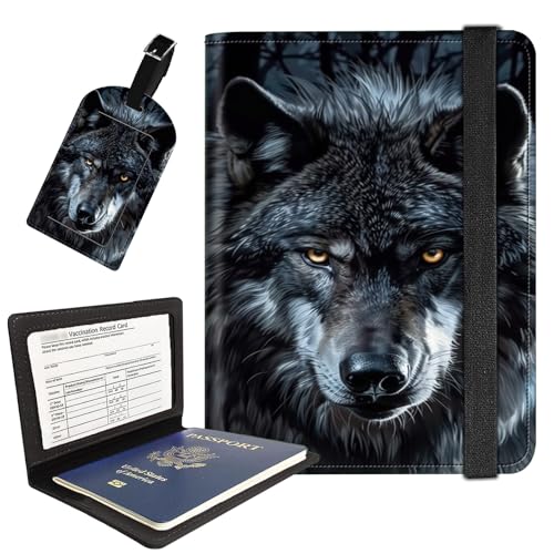 AIRWEE Reisepasshülle mit Gepäckanhänger, Reisebrieftasche aus PU-Leder für Damen und Herren, RFID-blockierende Reisepasshülle mit Kartenfächern, Boarding-Passhülle für Reisen, schwarzer Wolf AIRWEE Reisepasshülle mit Gepäckanhänger, Reisebrieftasche aus PU-Leder für Damen und Herren, RFID-blockierende Reisepasshülle mit Kartenfächern, Boarding-Passhülle für Reisen, schwarzer Wolf von AIRWEE