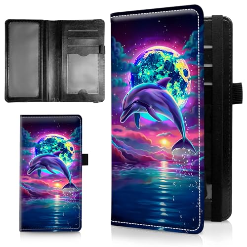 AIRWEE Schlanke Scheckbuchhülle für Damen, RFID-blockierend, PU-Leder, Scheckbuch-Geldbörse mit Kartenfächern, Stifthalter, Bifold Durable Scheckbuch-Register und Hülle für Geldbörse, A7, Mond Delfine von AIRWEE