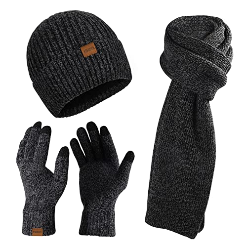AISHNA Mütze, Schal Handschuh-sets für Damen Herren, Touchscreen-Handschuhe und Winterstrickmütze und -schal im Set mit Warmem Fleecefutter von AISHNA