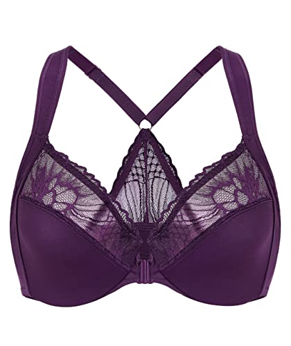 AISILIN BH Damen mit Bügel Vorderverschluss Racerback Spitze ohne Polster Große Größen Brombeerlikör 95G von AISILIN
