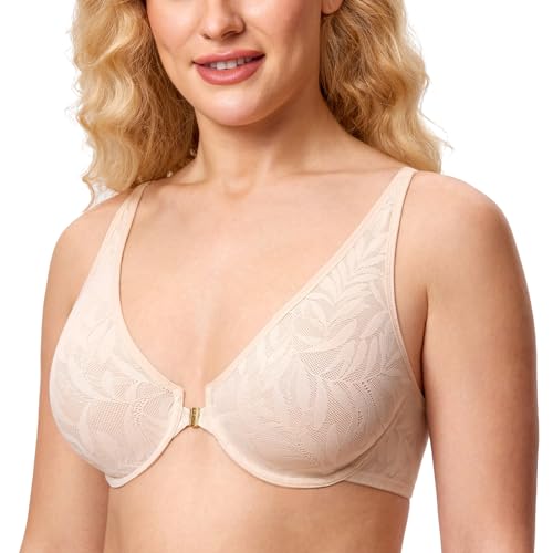 AISILIN Damen BH mit Spitze mit Vorderverschluss Große Größen Bügel ohne Polster Beige 90F von AISILIN