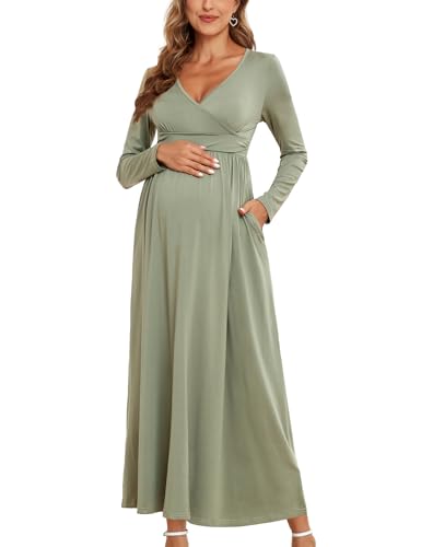 AISWI 2025 Damen Umstandskleid, Maxikleid, langärmelig, Wickelkleid, V-Ausschnitt, Schwangerschaftskleider mit Taschen, Babyparty, Fotoshooting, formell, 2. Langarm, Salbeigrün, Klein von AISWI