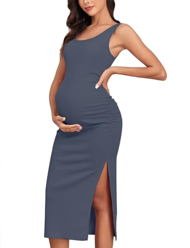 AISWI 2025 Damen Split Umstandskleid fein gerippt gerafft Schwangerschaftskleidung Babypartykleider, 2. Blaugrau, X-Groß von AISWI
