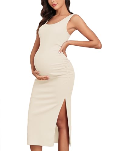 AISWI 2025 Damen Split Umstandskleid fein gerippt gerafft Schwangerschaftskleidung Babypartykleider, 2. Cremefarben, XX-Large von AISWI