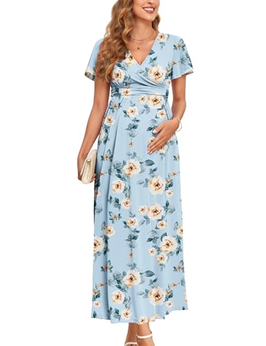 AISWI 2025 Damen Umstandskleid, Maxikleid, langärmelig, Wickelkleid, V-Ausschnitt, Schwangerschaftskleider mit Taschen, Babyparty, Fotoshooting, formell, 1. Rüschenärmel, Blumenmuster, Hellblau, AISWI 2025 Damen Umstandskleid, Maxikleid, langärmelig, Wickelkleid, V-Ausschnitt, Schwangerschaftskleider mit Taschen, Babyparty, Fotoshooting, formell, 1. Rüschenärmel, Blumenmuster, Hellblau, von AISWI
