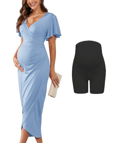 AISWI 2025 Damen-Umstandskleid, Wickelkleid, V-Ausschnitt, Rüschenärmel, halbformell, Babyparty, Fotoshooting, Party, Cocktail, Schwangerschaft, 2er-Pack: Hellblau und Schwarz, Mittel von AISWI