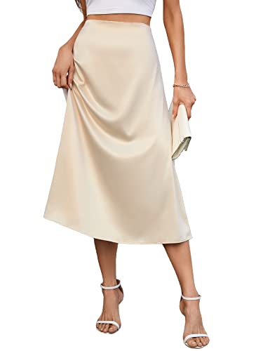 AISWI Damen 2023 Satin Midi Rock Sommer Hohe Taille Seide A-Linie Swing Rock Elegant Casual, Beige, Klein von AISWI