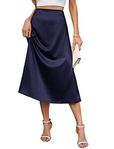 AISWI Damen 2023 Satin Midi Rock Sommer Hohe Taille Seide A-Linie Swing Rock Elegant Casual, Marineblau, Klein von AISWI