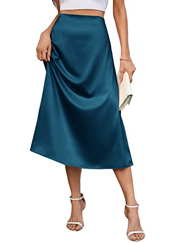 AISWI Damen 2023 Satin Midi Rock Sommer Hohe Taille Seide A-Linie Swing Rock Elegant Casual, Pfauenblau, Klein von AISWI