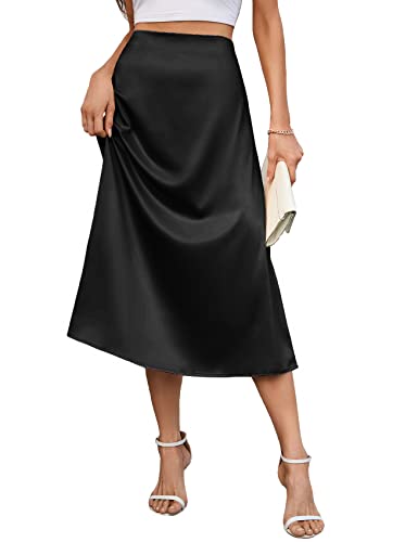 AISWI Damen 2023 Satin Midi Rock Sommer Hohe Taille Seide A-Linie Swing Rock Elegant Casual, Schwarz, X-Klein von AISWI