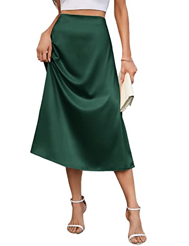 AISWI Damen 2023 Satin Midi Rock Sommer Hohe Taille Seide A-Linie Swing Rock Elegant Casual, Smaragdrün, X-Klein von AISWI