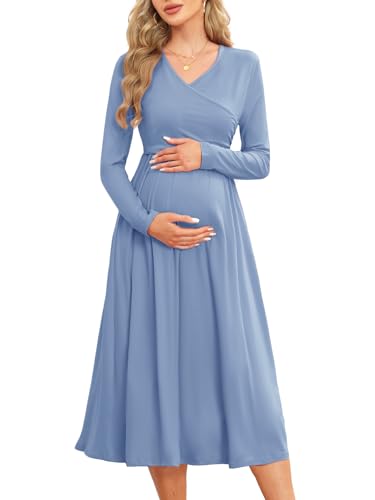 AISWI Damen 2024 Herbst Patchwork Umstandskleid Stillkleid mit Taschen Langarm V-Ausschnitt Kleidung Midi Schwangerschaftskleider, Einfarbig, Blaugrau, X-Groß von AISWI