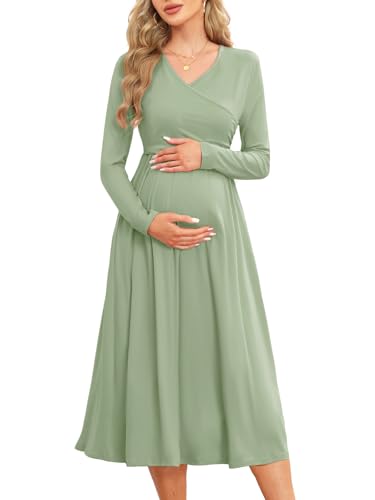 AISWI Damen 2024 Herbst Patchwork Umstandskleid Stillkleid mit Taschen Langarm V-Ausschnitt Kleidung Midi Schwangerschaftskleider, Einfarbig, Salbeigrün, X-Groß von AISWI