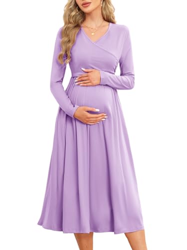 AISWI Damen 2024 Herbst Patchwork Umstandskleid Stillkleid mit Taschen Langarm V-Ausschnitt Kleidung Midi Schwangerschaftskleider, Einfarbig, Violett, Mittel von AISWI