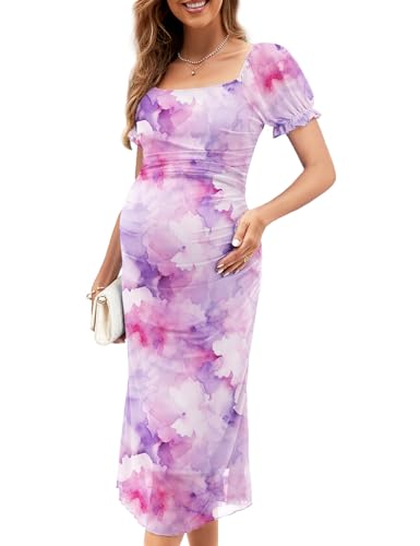AISWI Umstandskleid mit Netzstoff, gerüscht, für Babyparty, Hochzeit, Gast, Schwangerschaft, Herbst, lang, kurze Ärmel, quadratischer Ausschnitt, Kurze Ärmel, violettes Blumenmuster, Groß AISWI Umstandskleid mit Netzstoff, gerüscht, für Babyparty, Hochzeit, Gast, Schwangerschaft, Herbst, lang, kurze Ärmel, quadratischer Ausschnitt, Kurze Ärmel, violettes Blumenmuster, Groß von AISWI