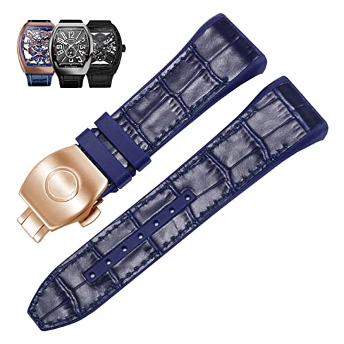 AITEKODVG 28mm Nylon echtes Leder-Silikon-Uhr-Band Schwarzblau-Klapp-Schnalle-Uhrengurt für Franck Muller V45-Serie (Farbe: Schwarz-Rosegold, Größe: 28 mm) von AITEKODVG