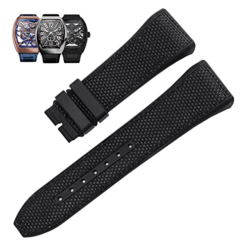 AITEKODVG 28mm Nylon echtes Leder-Silikon-Uhr-Band Schwarzblau-Klapp-Schnalle-Uhrengurt für Franck Muller V45-Serie (Farbe: Schwarz-Rosegold, Größe: 28 mm) von AITEKODVG