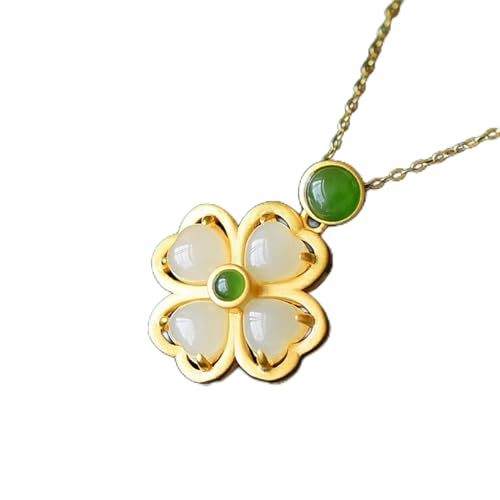 AITEKODVG Natural Hetian Jade Clover Anhänger Halskette 925 Silber Mode Schmuck Chalcedon Amulett Geschenke für Frauen (Edelsteinfarbe: Weiß) von AITEKODVG