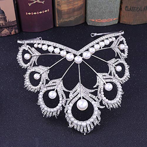 Haarschmuck Krone Tiaras für Frauen Miss Universe Crown Round Hochzeit Pearl Crown Peakcock Feather Tiara Strass -Festzug Promkronen (Farbe: Stil 1 offen) von AITEKODVG