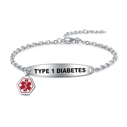AITENME Medizinischer Alarm Armbänder Damen SOS Damen Medical Armband Edelstahl Armkette Kette Panzerkette (TYPE 1 DIABETES) von AITENME