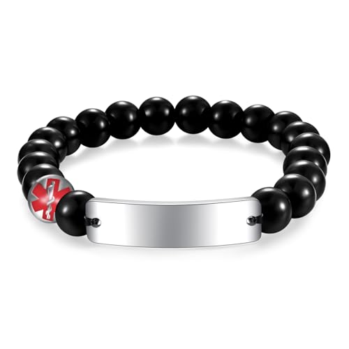 AITENME Medizinisches ID Armband Edelstahl Bend Brand ID für Männer Frauen Obsidian medizinische Warnwarnung Perlen Armband Personalisierte maßgeschneiderte Schmuck Geschenk (*Angepasst) von AITENME