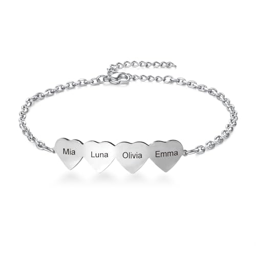 AITENME Name Armband, Verstellbare Herzkette Mit Buchstaben, Maßgeschneiderter Mehrname Schmuck, Geeignet für Mutter, Frau und Freundin Armband, Edelstahlgeschenk Silbername 4 von AITENME
