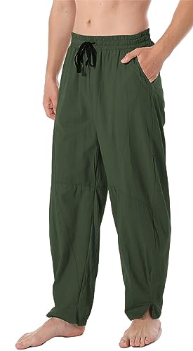AITFINEISM Herren Casual Leinen Hosen Lose Weites Bein Yoga Leichte Strandhosen (Dunkelgrün,30) von AITFINEISM