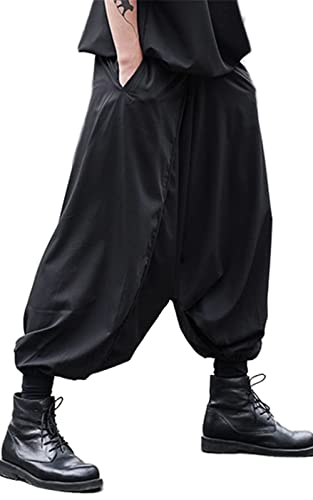 AITFINEISM Herren Casual Rock Hosen Loose Wide Leg Haremshose Japanische Harajuku Kimono Hose, Schwarz 5, Groß von AITFINEISM