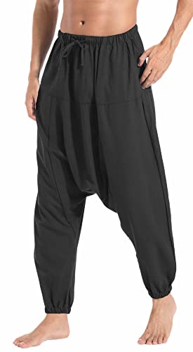 AITFINEISM Herren Harem Hippie Pants Baggy Boho Gemustert Niedriger Schritt Lounge Wide Leg Hose für Yoga Sommer Strand (Reines Schwarz,4XL) von AITFINEISM