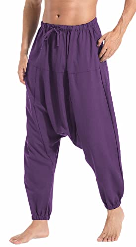 AITFINEISM Herren Harem Hippie Pants Baggy Boho Gemustert Niedriger Schritt Lounge Wide Leg Hose für Yoga Sommer Strand (Violett,3XL) von AITFINEISM