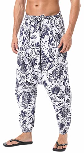 AITFINEISM Herren Harem Hippie Pants Baggy Boho Gemustert Niedriger Schritt Lounge Wide Leg Hose für Yoga Sommer Strand (Stil 5,L) von AITFINEISM