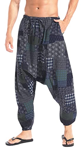 AITFINEISM Herren Harem Hippie Pants Baggy Boho Gemustert Niedriger Schritt Lounge Wide Leg Hose für Yoga Sommer Strand (Blau-1,XXL) von AITFINEISM