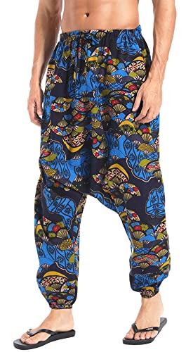 AITFINEISM Herren Harem Hippie Pants Baggy Boho Gemustert Niedriger Schritt Lounge Wide Leg Hose für Yoga Sommer Strand (Blau,M) von AITFINEISM