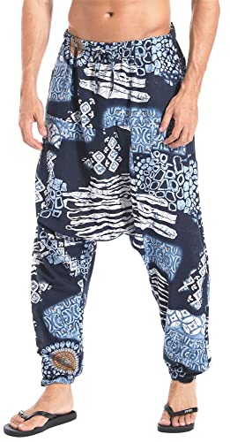 AITFINEISM Herren Harem Hippie Pants Baggy Boho Gemustert Niedriger Schritt Lounge Wide Leg Hose für Yoga Sommer Strand (Navy,3XL) von AITFINEISM