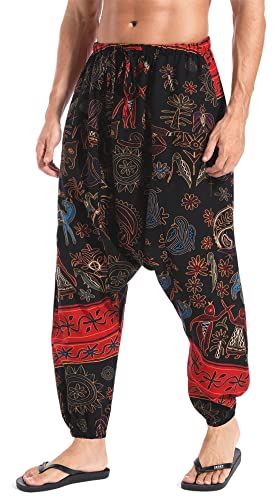 AITFINEISM Herren Harem Hippie Pants Baggy Boho Gemustert Niedriger Schritt Lounge Wide Leg Hose für Yoga Sommer Strand (Rot,XXL) von AITFINEISM