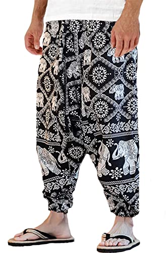 AITFINEISM Herren Harem Hippie Pants Baggy Boho Gemustert Niedriger Schritt Lounge Wide Leg Hose für Yoga Sommer Strand (Weiß,3XL) von AITFINEISM