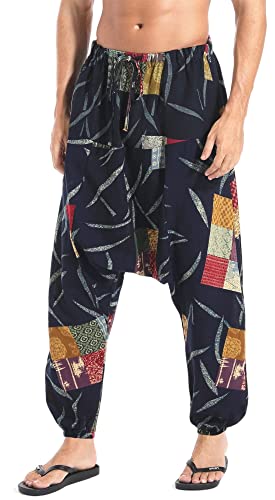 AITFINEISM Herren Harem Hippie Pants Baggy Boho Gemustert Niedriger Schritt Lounge Wide Leg Hose für Yoga Sommer Strand (Schwarz,M) von AITFINEISM