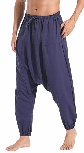 AITFINEISM Herren Harem Hippie Pants Baggy Boho Gemustert Niedriger Schritt Lounge Wide Leg Hose für Yoga Sommer Strand (Reines Blau,XL) von AITFINEISM