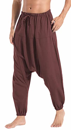 AITFINEISM Herren Harem Hippie Pants Baggy Boho Gemustert Niedriger Schritt Lounge Wide Leg Hose für Yoga Sommer Strand (Reines Rot,M) von AITFINEISM