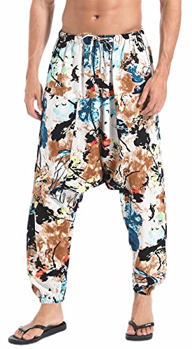 AITFINEISM Herren Harem Hippie Pants Baggy Boho Gemustert Niedriger Schritt Lounge Wide Leg Hose für Yoga Sommer Strand (Weiß-1,L) von AITFINEISM