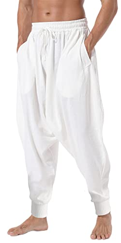 AITFINEISM Männer Haremshose Bequeme Elastische Taille Hosen Mode Einfarbig Casual Yoga Hippies Hosen (Weiß 1,L) von AITFINEISM
