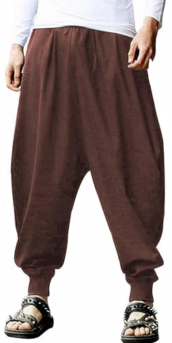 AITFINEISM Männer Haremshose Bequeme Elastische Taille Hosen Mode Einfarbig Casual Yoga Hippies Hosen (Braun,XL) von AITFINEISM