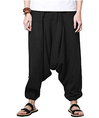 AITFINEISM Männer Haremshose Bequeme Elastische Taille Hosen Mode Einfarbig Casual Yoga Hippies Hosen (Schwarz 1,3XL) von AITFINEISM