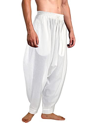 AITFINEISM Männer Haremshose Bequeme Elastische Taille Hosen Mode Einfarbig Casual Yoga Hippies Hosen (Weiß,XXL) von AITFINEISM