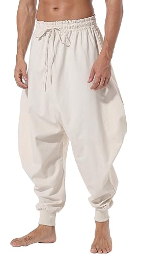 AITFINEISM Herren Tunnelzug Aladin Hippie Haremshose Loose Drop Crotch Hose, Beige, Mittel von AITFINEISM