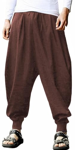 AITFINEISM Männer Haremshose Bequeme Elastische Taille Hosen Mode Einfarbig Casual Yoga Hippies Hosen (Braun,3XL) von AITFINEISM